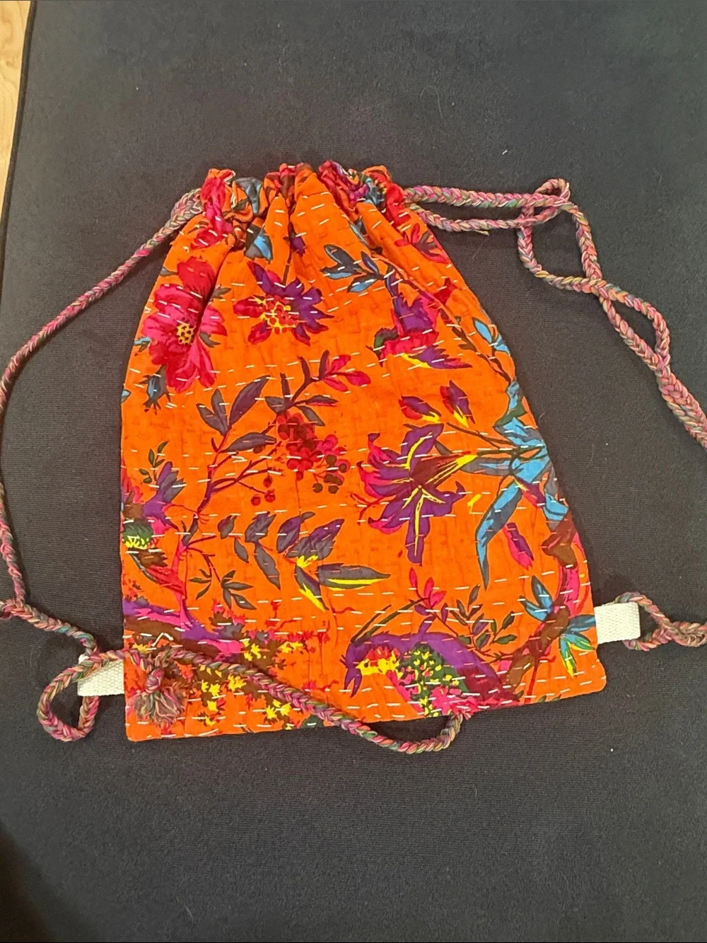 Handmade Kantha Style Cotton Drawstring Backpack Made India Boho Floral NWOT